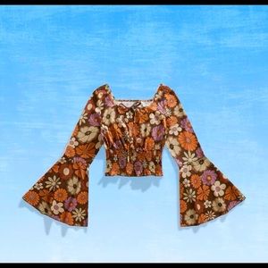 Wide sleeve floral brown shirt
